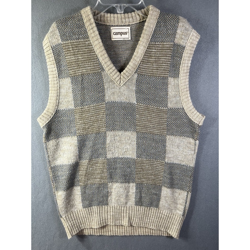 VTG Made In USA Campus Men's Plaid Tan Blue Wool Blend Sweater Vest L Academia
